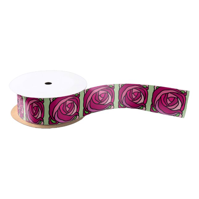 Vintage Rose Rosa und grüne Blumenmuster Satinband (Spule)