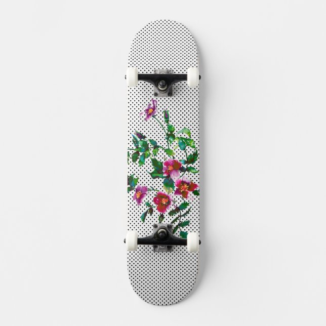 Vintage Rose schwarz-weiße Polka-Punkte Skateboard (Vorderseite)