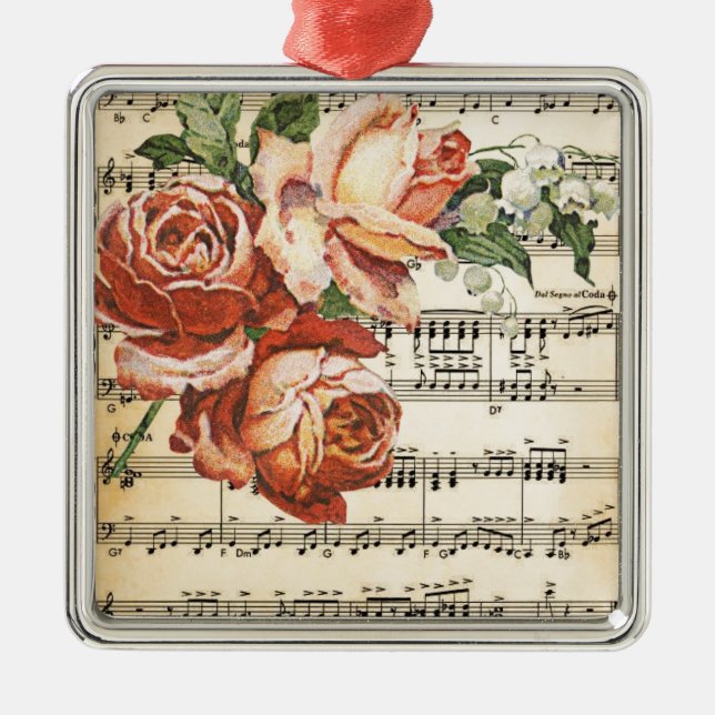 Vintage Rose Trio & Music Silbernes Ornament (Vorne)