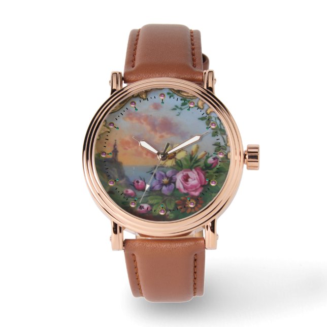 VINTAGE ROSE UND BLUME MIT LANDSCHAFTEN ARMBANDUHR (Vorderseite)