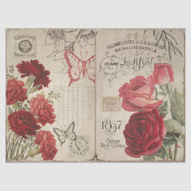 Vintage Rose und Ephemera Decoupage Seidenpapier (Vorderseite)