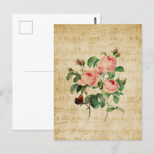 Vintage Rose und Musikblatt Postkarte