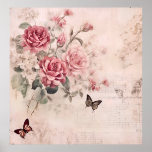 Vintage Rose und Musiknoten Poster