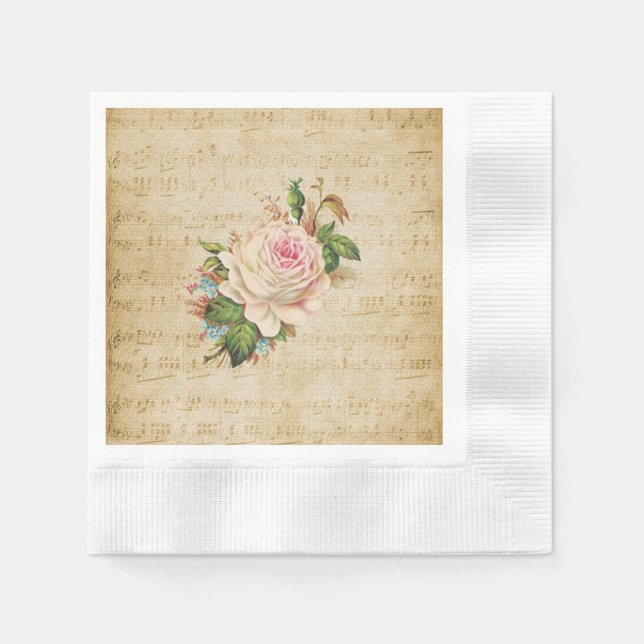 Vintage Rose und Musiknotizen Napkin Serviette (Vorderseite)
