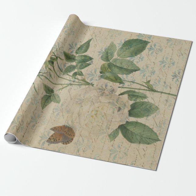 Vintage Rose und Schmetterling Geschenkpapier (Ungerollt)