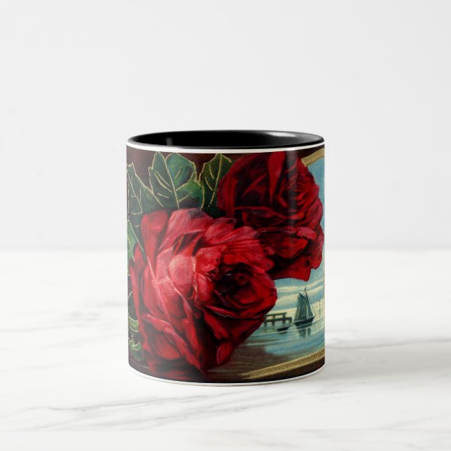 Vintage Rose und Segelboote Zweifarbige Tasse (Mittel)
