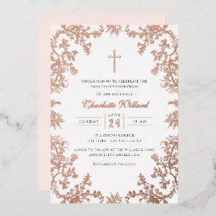 Vintage Roségold Kreuz Mädchen Erste Kommunion Folieneinladung