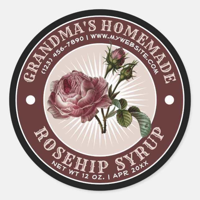 Vintage Rosehip-Sirup-Label-Vorlage Runder Aufkleber (Vorderseite)