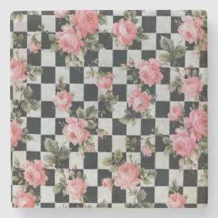 Vintage Rosen auf Schwarzweiss Steinuntersetzer