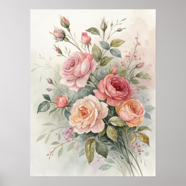 Vintage-Rosen-Garten-Wandkunst | Sanftes Rosa. Poster (Vorne)