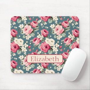 Vintage-Rosen in Rosa auf personalisiertem Tiefbla Mousepad