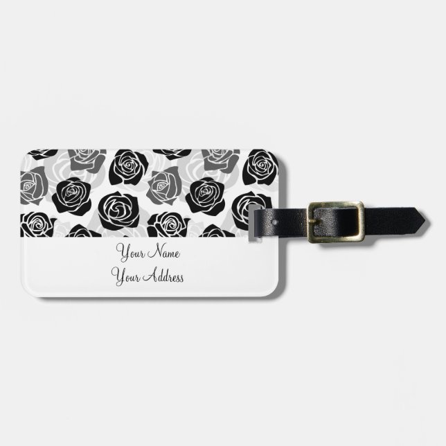 Vintage Rosen in Schwarzweiß Gepäckanhänger (Vorderseite horizontal)