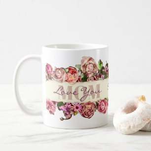 Vintage-Rosen lieben dich Mama, personalisierter M Kaffeetasse