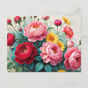 Vintage Rosen, Pfingstrosen-Blumenstrauß  Postkarte
