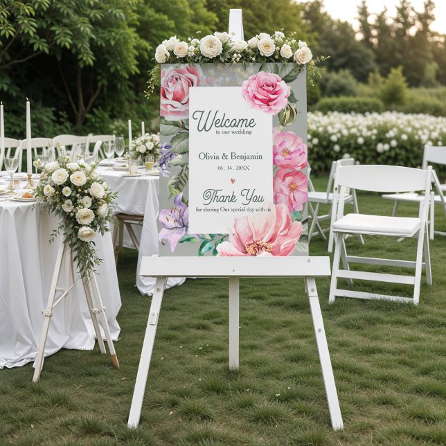 Vintage-Rosen Romantische Botanische Hochzeitsbegr Poster (Vintage Rose Botanical Wedding Welcome Sign | Romantic Blush Floral Garden Wedding Poster)