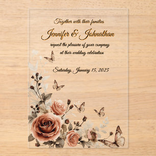 Vintage-Rosen & Schmetterlinge Hochzeit Acryleinladungen
