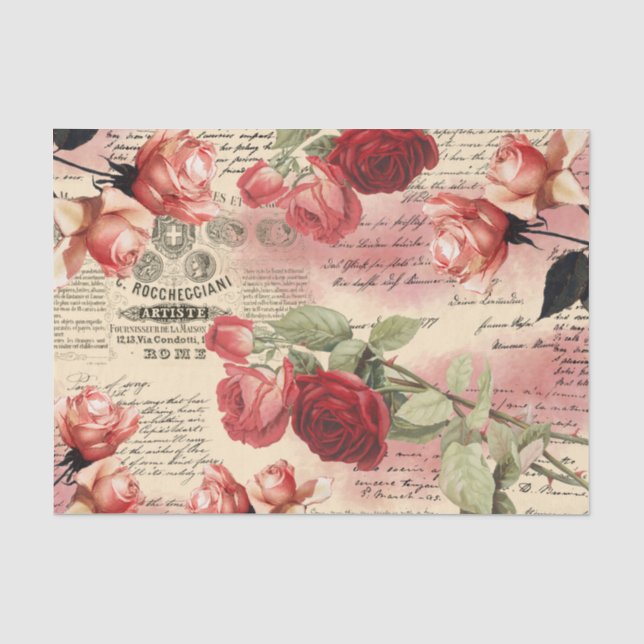 Vintage-Rosen-Script Rosa Hauch Ephemera Seidenpapier (Vorderseite)