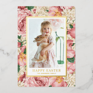 Vintage-Rosen- und Hortensien-Foto Frohe Ostern Folien Feiertagskarte