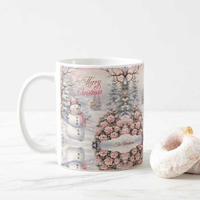 Vintage Rosen, Weihnachtsdorf Snowman Kaffeetasse (Mit Donut)