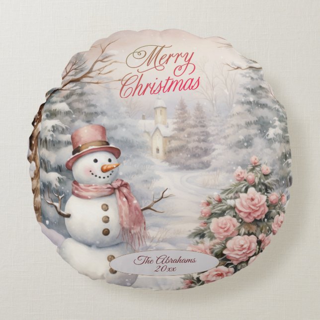 Vintage Rosen, Weihnachtsdorf Snowman Rundes Kissen (Vorderseite)
