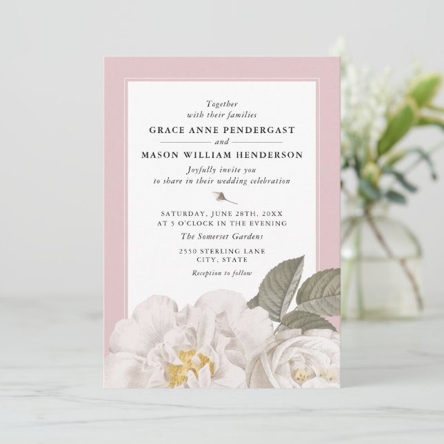 Vintage Rosenblütenhochzeit Einladung (Stehend Vorderseite)