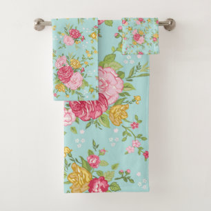 Vintage-Rosenbouquet in Rosa Floralmuster Aqua Badhandtuch Set
