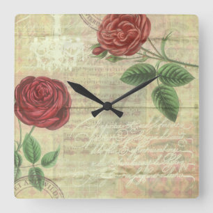 Vintage Roses and Music Wall Clock Quadratische Wanduhr