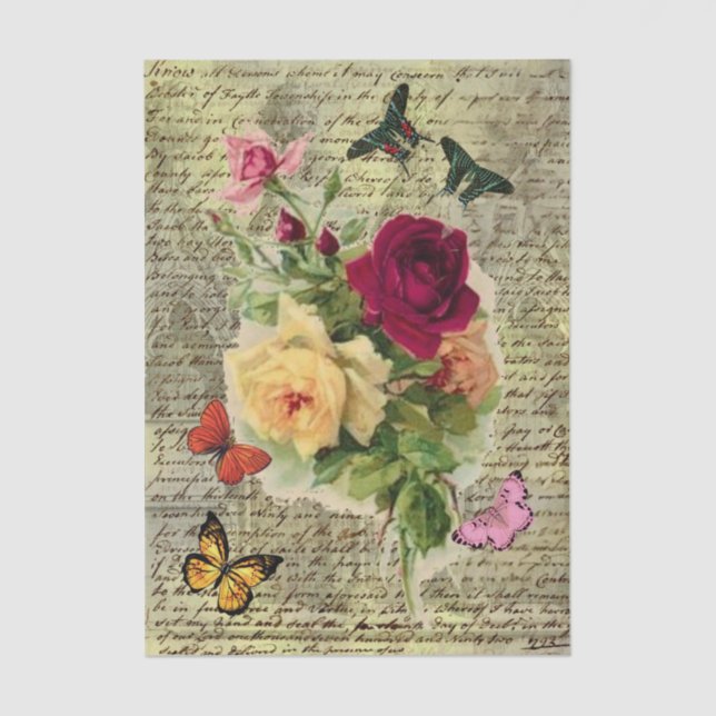 Vintage Roses & Butterflies Ephemera Tissue Paper Seidenpapier (Vorderseite)