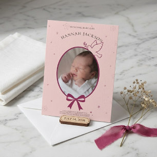 Vintage-Rosette-Oval-Foto Baby Mädchen Einladung
