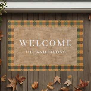 Vintage Rost Orange Herbst Karo Familienname Fußmatte