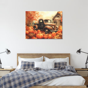 Vintage-Rostiger Pickup und Kürbisse Herbst 32x24 Leinwanddruck