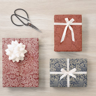 Vintage-Rot-Blau-Vogel- und Anemonen-Morris-Muster Geschenkpapier Set