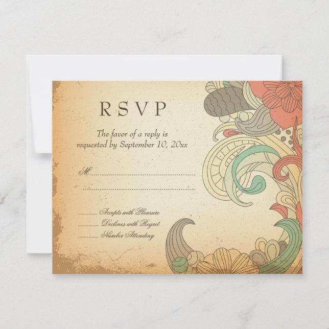 Vintage Rot-Braune Blütenblätter Hochzeit RSVP-Kar RSVP Karte (Vorderseite)