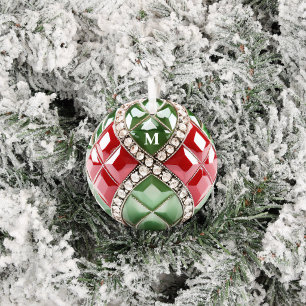 Vintage Rot Grün Faux-Diamant Juwel Initiale Ornament Aus Metall