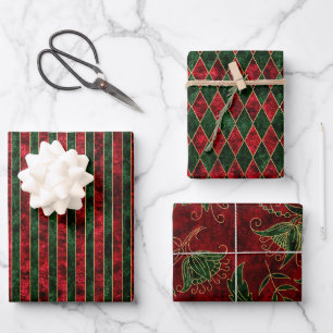 Vintage Rot, Grün und Gold - Weihnachtsvelours Wei Geschenkpapier Set