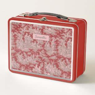 Vintage Rot Pink Französischer Toile De Jouy Metall Brotdose
