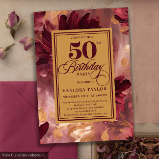Vintage Rot-Rot-Gold-Blüte 50. Geburtstag Einladung