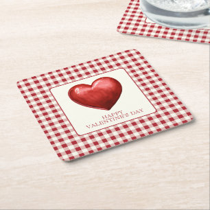 Vintage Rot und Creme Gingham mit Herz Rechteckiger Pappuntersetzer