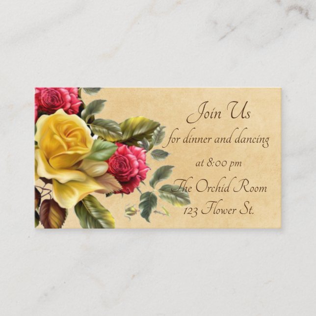 Vintage Rot- und Gelbrosen Empfang Begleitkarte (Vorderseite)