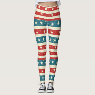 Vintage Rot, Weiß & Blau Streifen mit Sternen Leggings