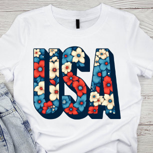 Vintage Rot, Weiß und Blau Floral USA T-Shirt