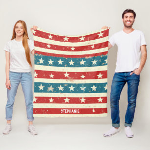 Vintage Rot-, Weiß- und Blaustreifen mit Sternen Fleecedecke