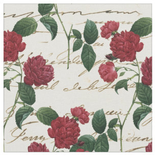 Vintage Rote Blume und Cursive Writing on Ivory Stoff