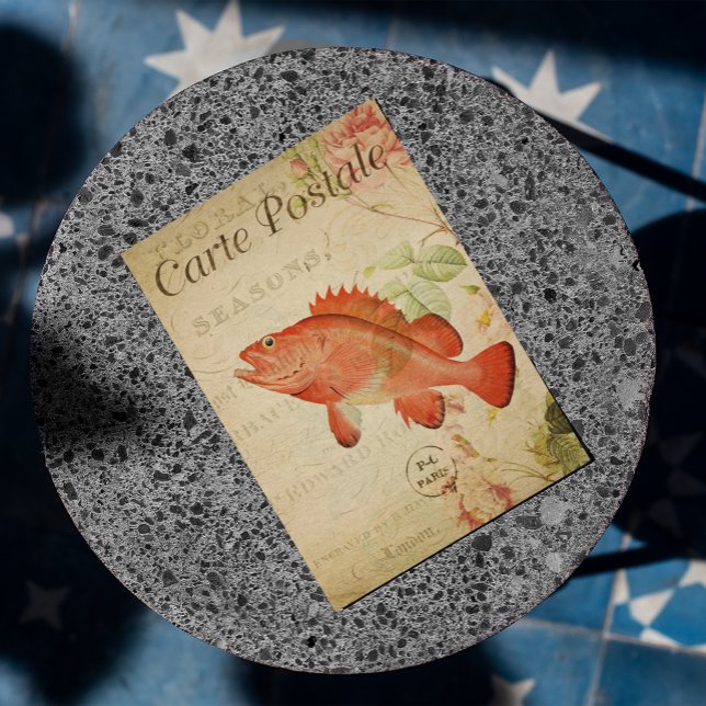 Vintage Rote Blütenfische Rose Französische Postka Postkarte (Von Creator hochgeladen)