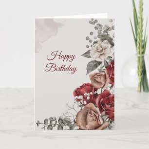 Vintage rote Bronze-Weiß-Rosen Blumen Geburtstag Karte