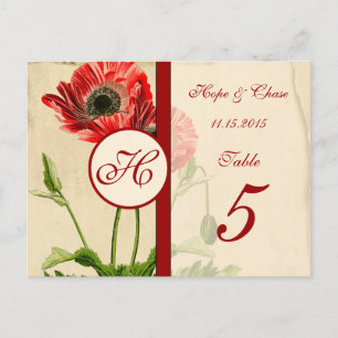 Vintage rote Burgunder-Mohn-Tischnummernkarten Postkarte