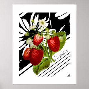 Vintage rote Erdbeeren Schwarz-Weiß-Grafik Poster