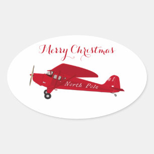 Vintage rote Flugzeug-Frohe-Weihnachten-Geschenk-A Ovaler Aufkleber