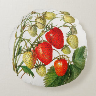 Vintage rote frische Erdbeeren Blumenlaub Rundes Kissen