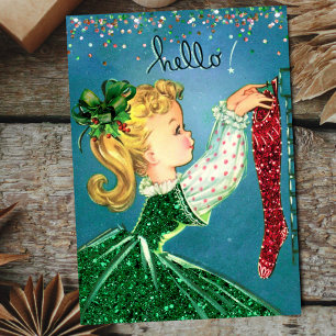 Vintage rote Glitter-Weihnachtsstrümpfe Monogramm Feiertagskarte